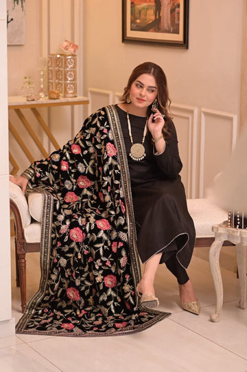 Anelas unstitched velvat shawl 3pc