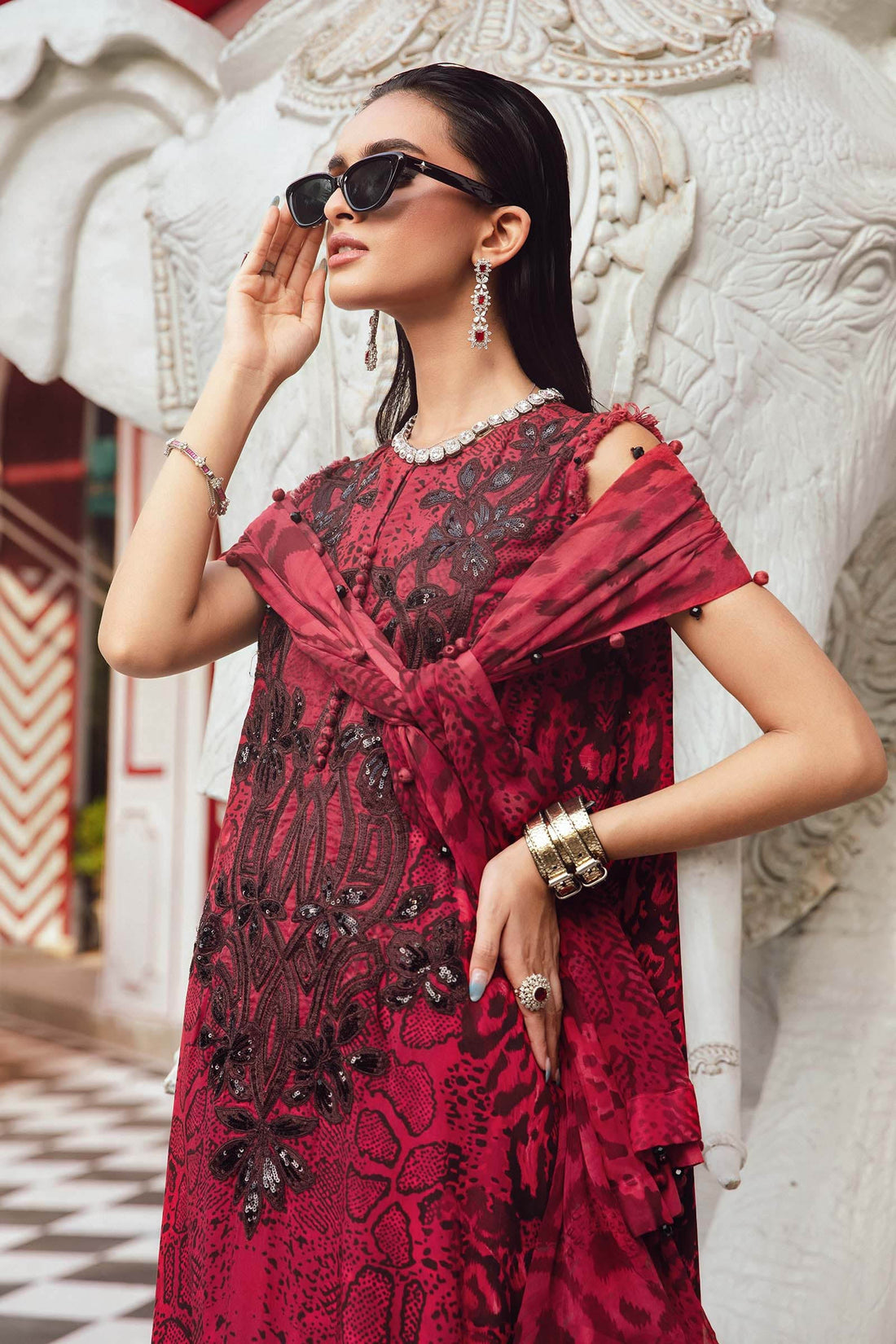 M.PRINTS 3 Piece Unstitched Embroidered Shamos slik Suit ZB058