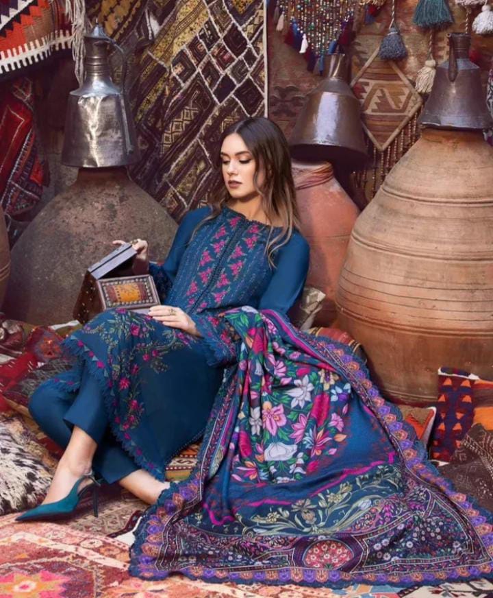 DHANAK 3PIECE Emboidered with printed shawl ZB012