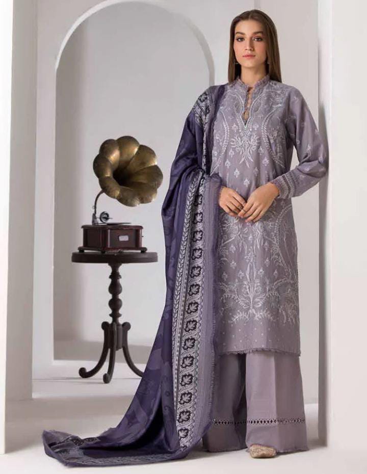 DHANAK 3PIECE Emboidered with printed shawl ZB016