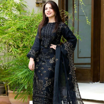 Linen 3PC Embroidered with organza Duppta_ZB07