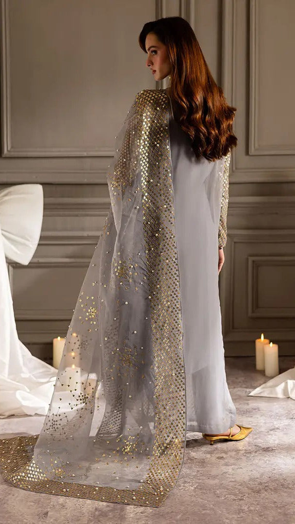 NUREH GREY UNSTITCHED EMBROIDERED CHIFFON.