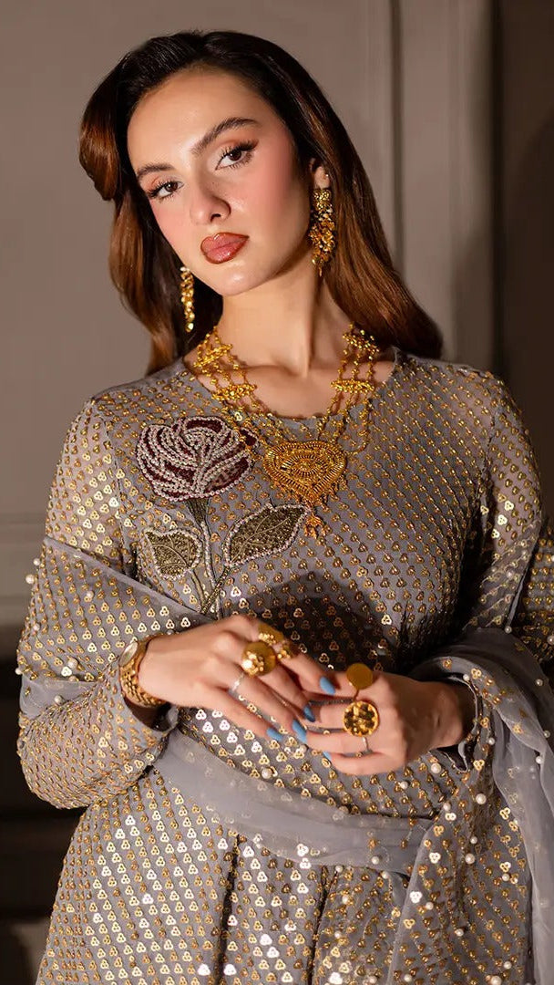 NUREH GREY UNSTITCHED EMBROIDERED CHIFFON ZB04 