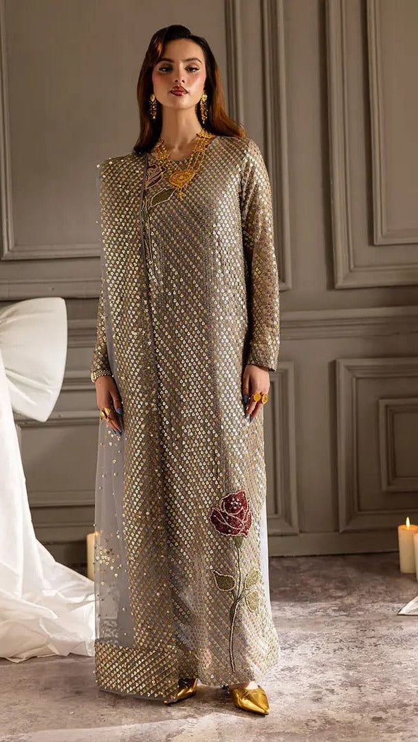 NUREH GREY UNSTITCHED EMBROIDERED CHIFFON ZB04 