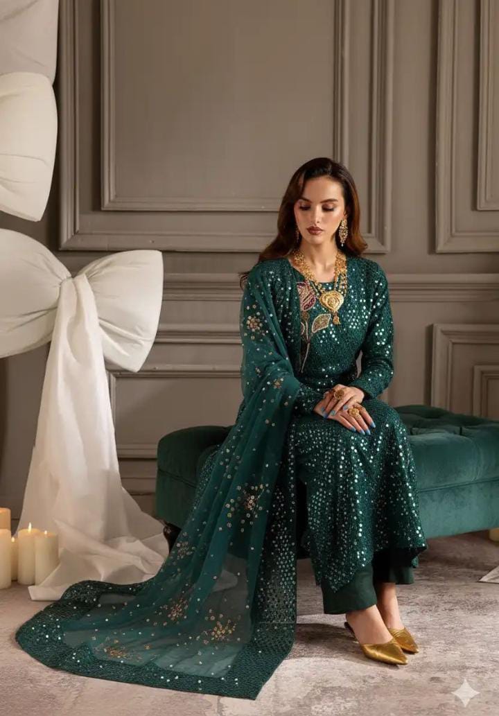 NUREH Unstitched 3piece Embroidered chiffon D3007