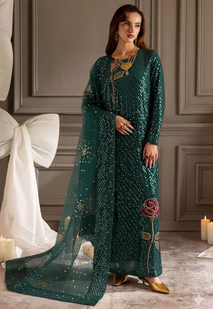 NUREH Unstitched 3piece Embroidered chiffon D3007