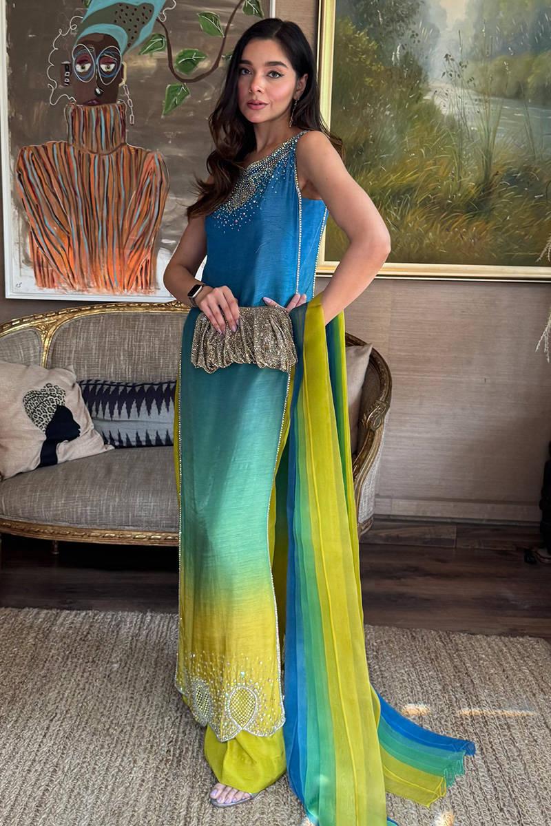 Farida Hasan Neon Ombre Silk 3-Piece Formal Suit Online