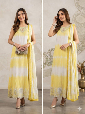 Keith Gomes Yellow and Ivory Chiffon Crepe Ombre Embroidered Dress with Dual-Tone Dupatta