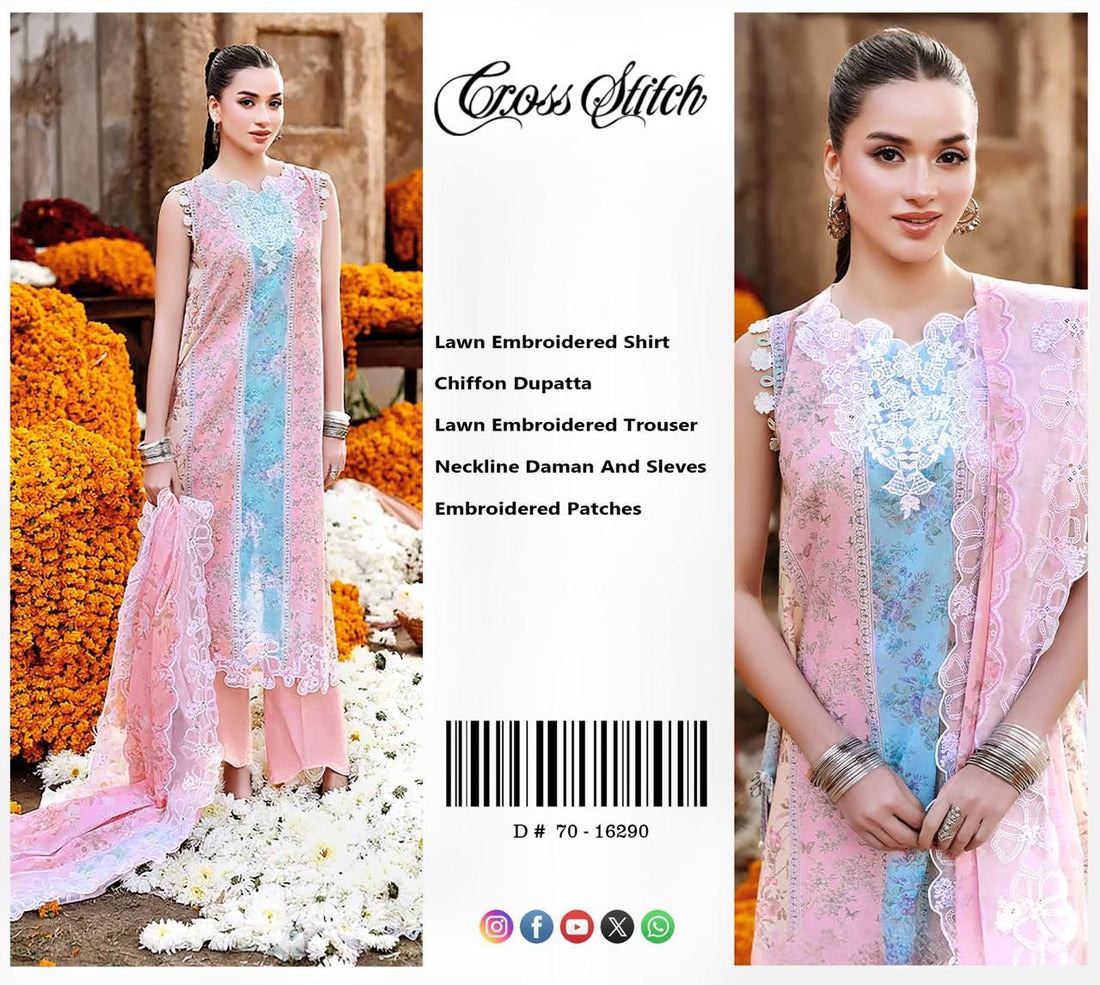 Cross Stitch Premium Embroidered Lawn 3-Piece Suit (70-16290) - Rose Veil