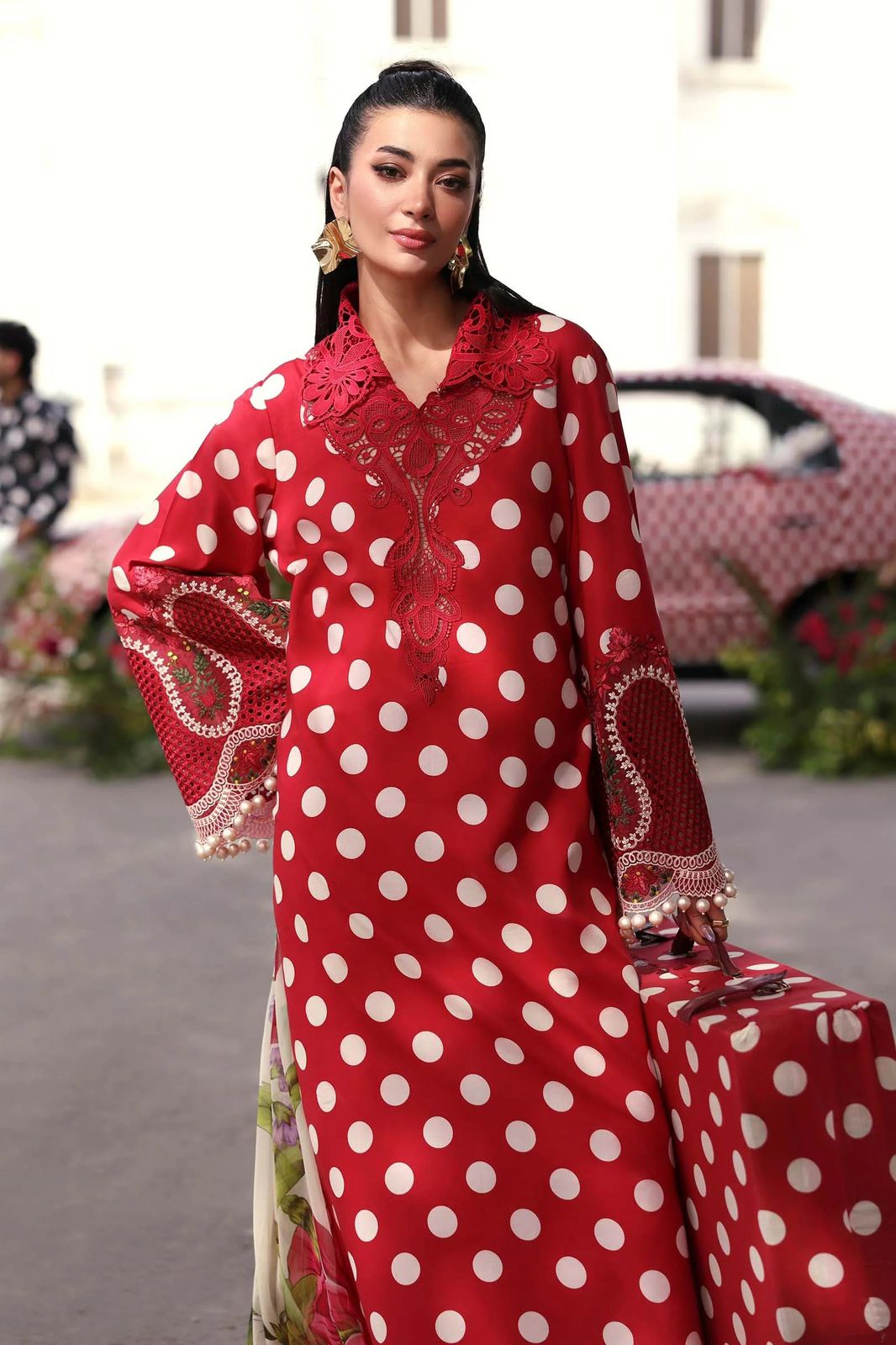 Maria.B. M.Prints 3-Piece Embroidered Lawn Suit (MPT-3008-B) – Crimson Polka Dot & Floral