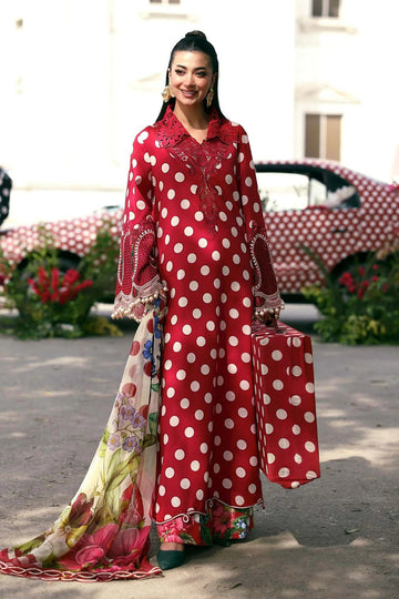 Maria.B. M.Prints 3-Piece Embroidered Lawn Suit (MPT-3008-B) – Crimson Polka Dot & Floral