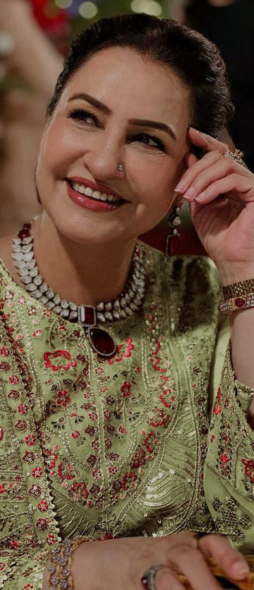 Aneela's Luxury Embroidered Lawn 3-Piece Suit (D-91-724-A) – Sage Green- pink peach