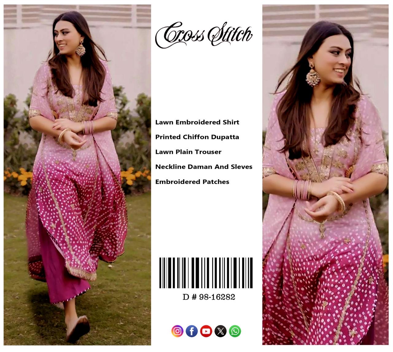 Woman wearing a pink embroidered outfit with 'Cross Stitch' branding and product details.